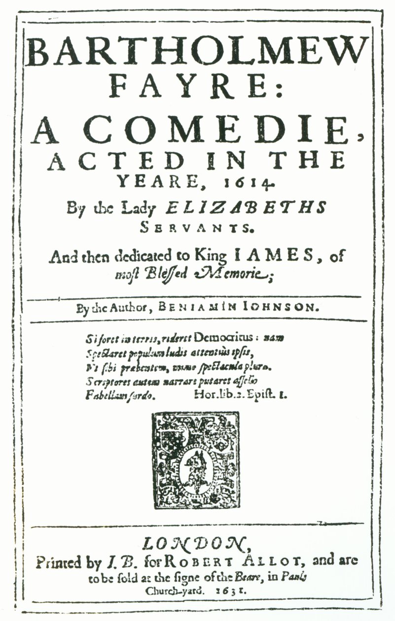 Frontispício de Bartolomeu Fayre: Uma Comédia de Benjamin Jonson (15723-1637) 1631 de English School