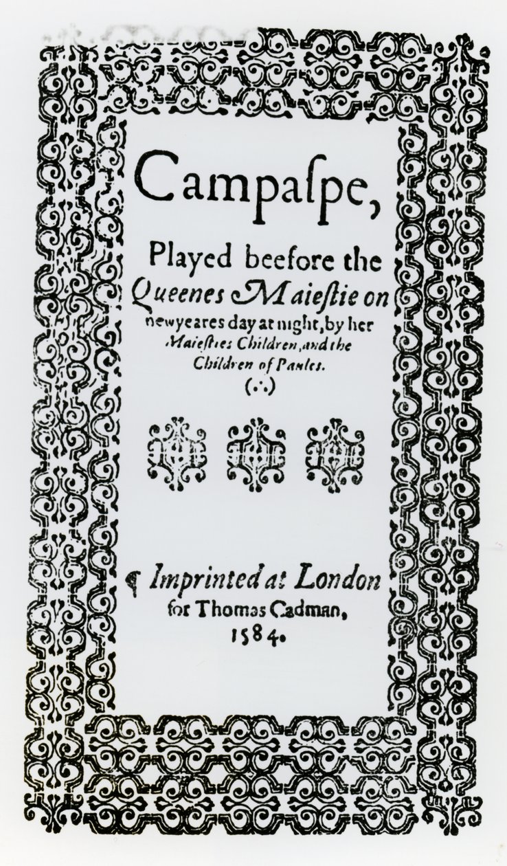 Frontispício para Campaspe por John Lyly (c.1554-1606) 1584 de English School