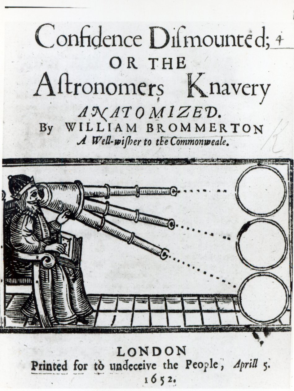 Frontispício à Confiança Desmontado; ou os astrónomos Knavery Anatomized por William Brommerton, publicado em 1652 de English School