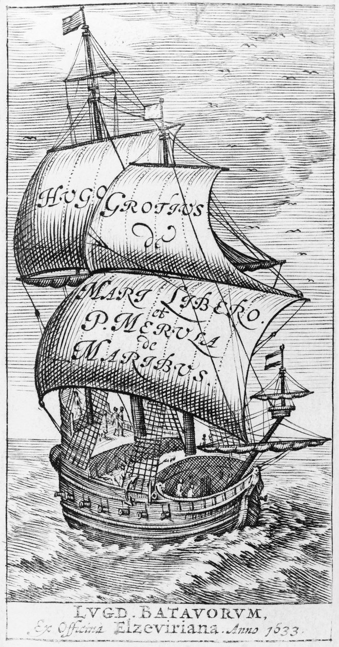 Frontispício para o mar livre, por Hugo Grotius e Paul van machos da melro, 1633 de English School