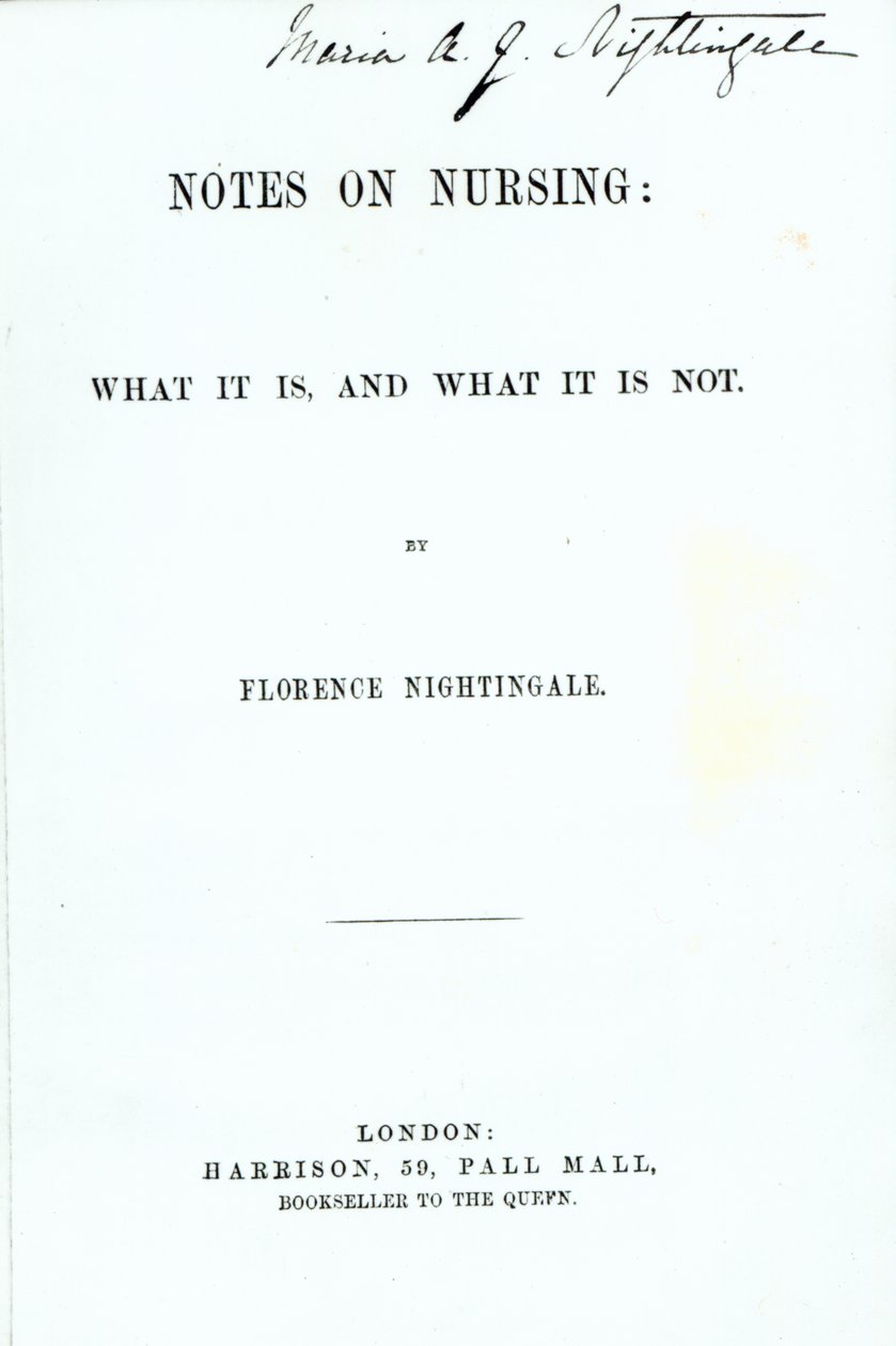 Frontispício para Florence Nightingales Notas sobre Enfermagem: O que é e o que não é, publicado em 1860 de English School