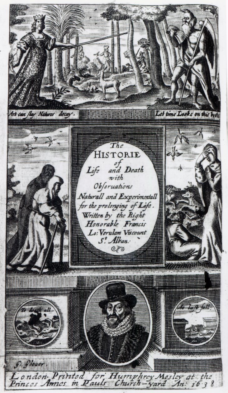 Frontispício para Francis Bacons A História da Vida e Morte, publicada em 1638 de English School