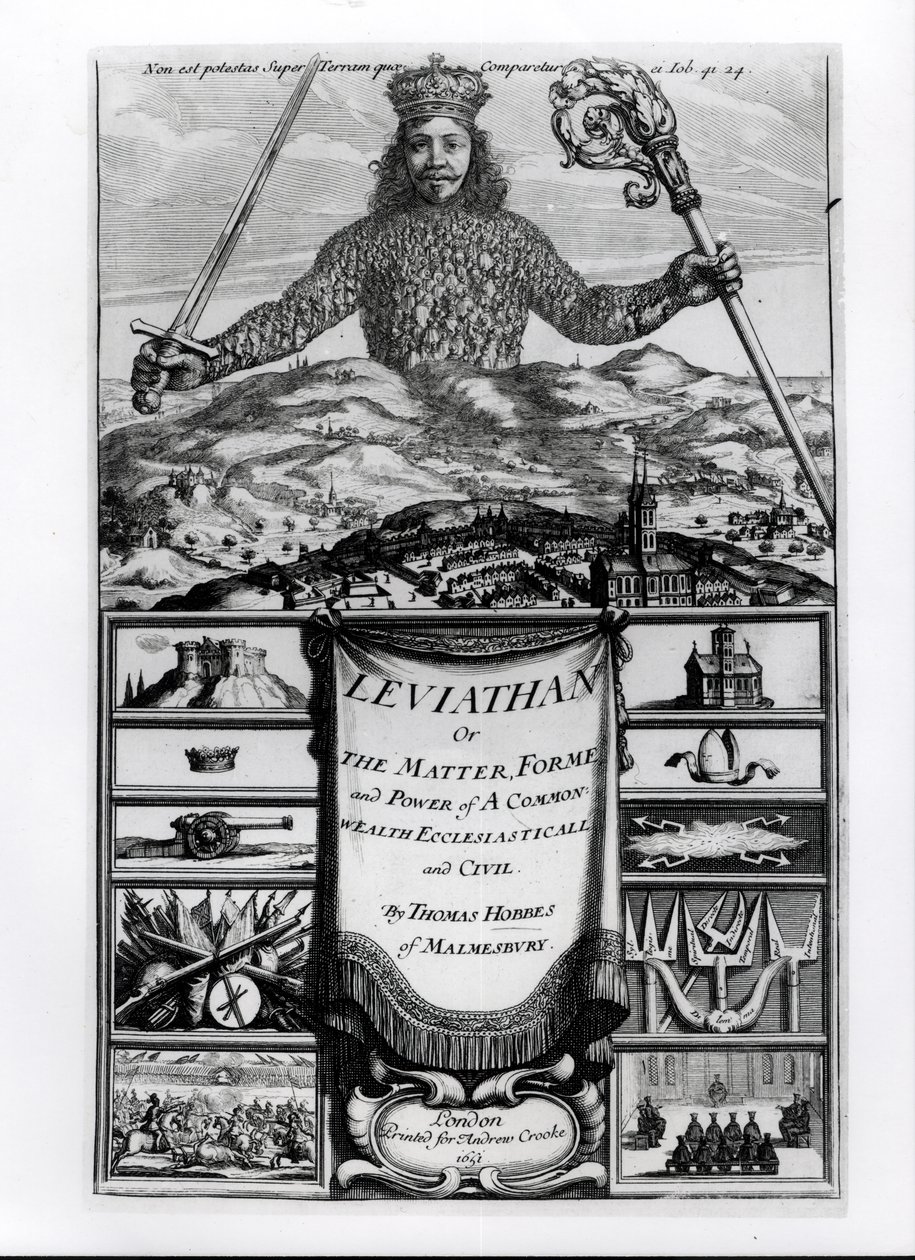Frontispício ao Leviathan ou a matéria, Forme e poder de uma riqueza comum Ecclesiasticall e Civil, 1651, por Thomas Hobbes (1588-1679) de Malmesbury de English School