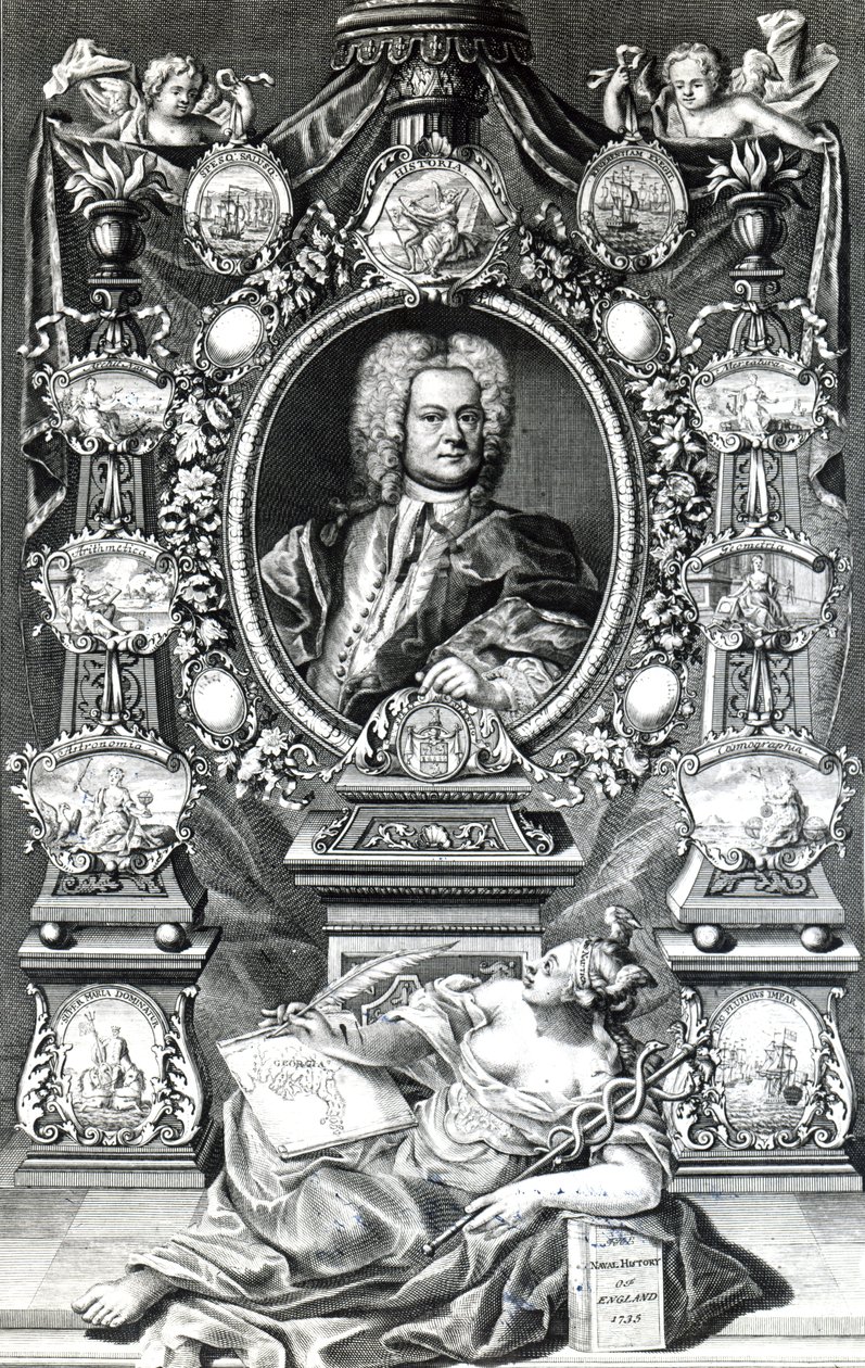 Frontispício da História Naval da Inglaterra por Thomas Lediard, publicado em 1735 de English School