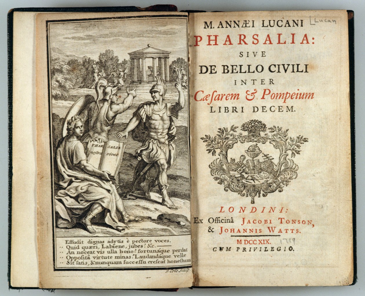 Frontispício para a Pharsalia ou A Guerra Civil entre César e Pompeu por Marcus Annaeus Lucan (39-65 dC), gravado por J. Cole, 1719 de English School