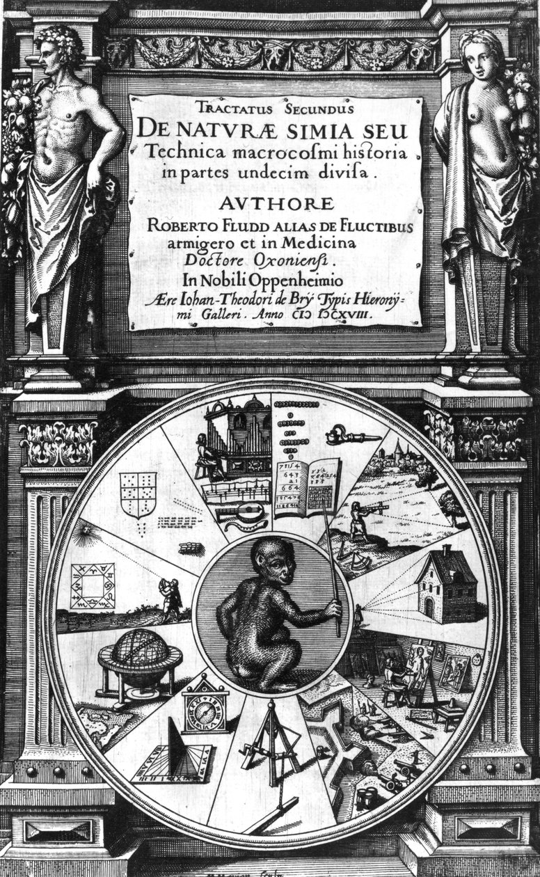 Frontispiece Robert Fludd Ambos Cosmi Histórico Tratado Segundo a respeito da natureza de Sue macaco Tecnica macrocosmo, Frankfurt, 1624 de English School