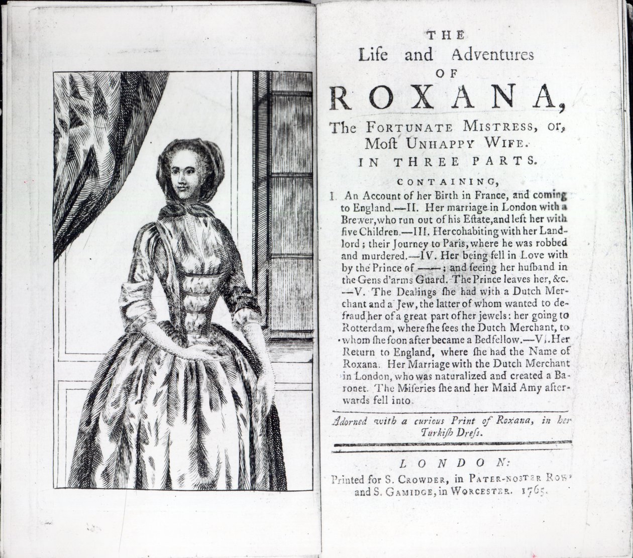 Frontispício para Roxana, The Fortunate Mistress por Daniel Defoe, edição publicada em 1765 (impressão) de English School