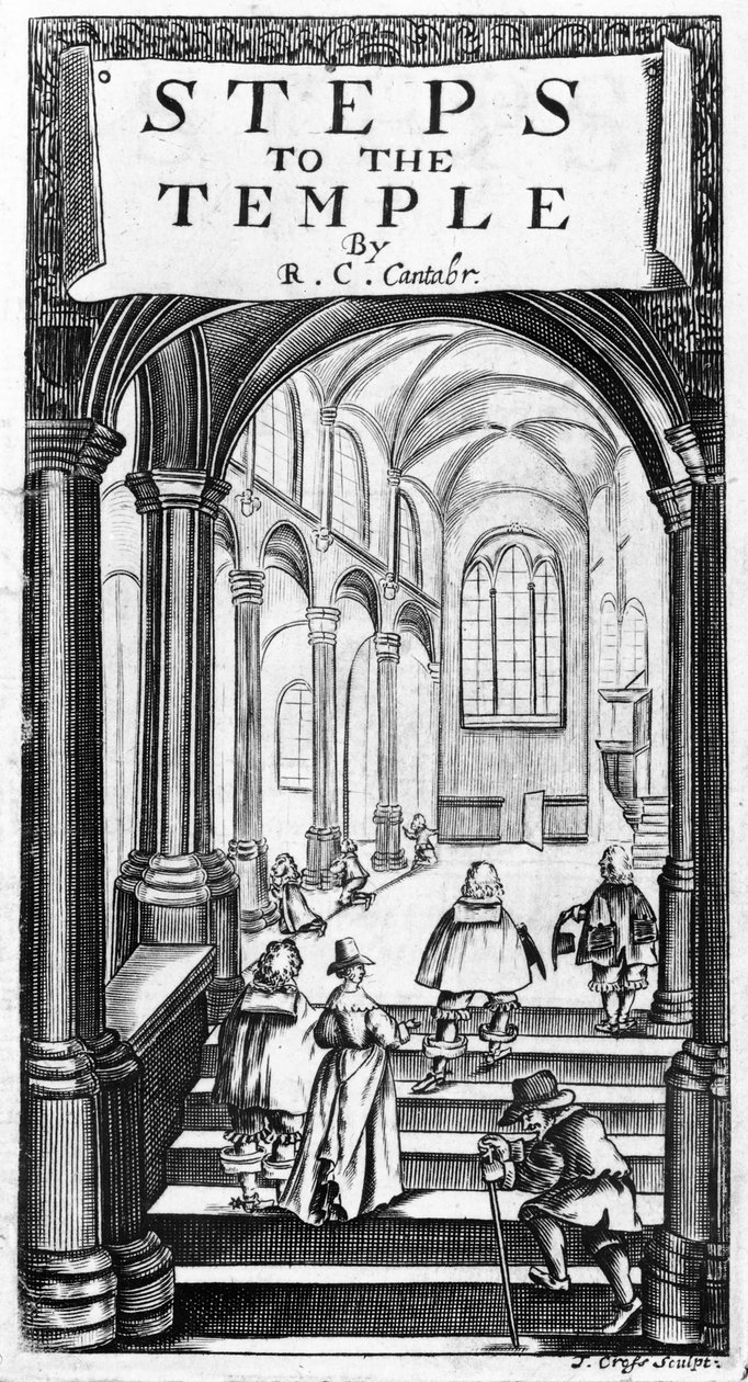 Frontispício de passos para o templo por Richard Crashaw, gravado por J. Cross, 1648 de English School