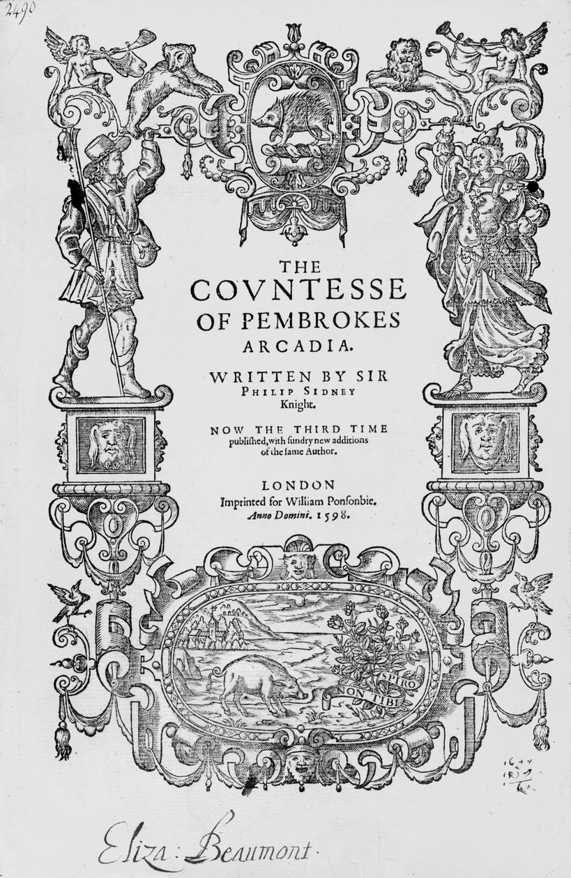 Frontispício da Condessa de Pembrokes Arcadia, 1592, por Sir Philip Sidney (1554-1586), terceira edição, pub.1598 de English School