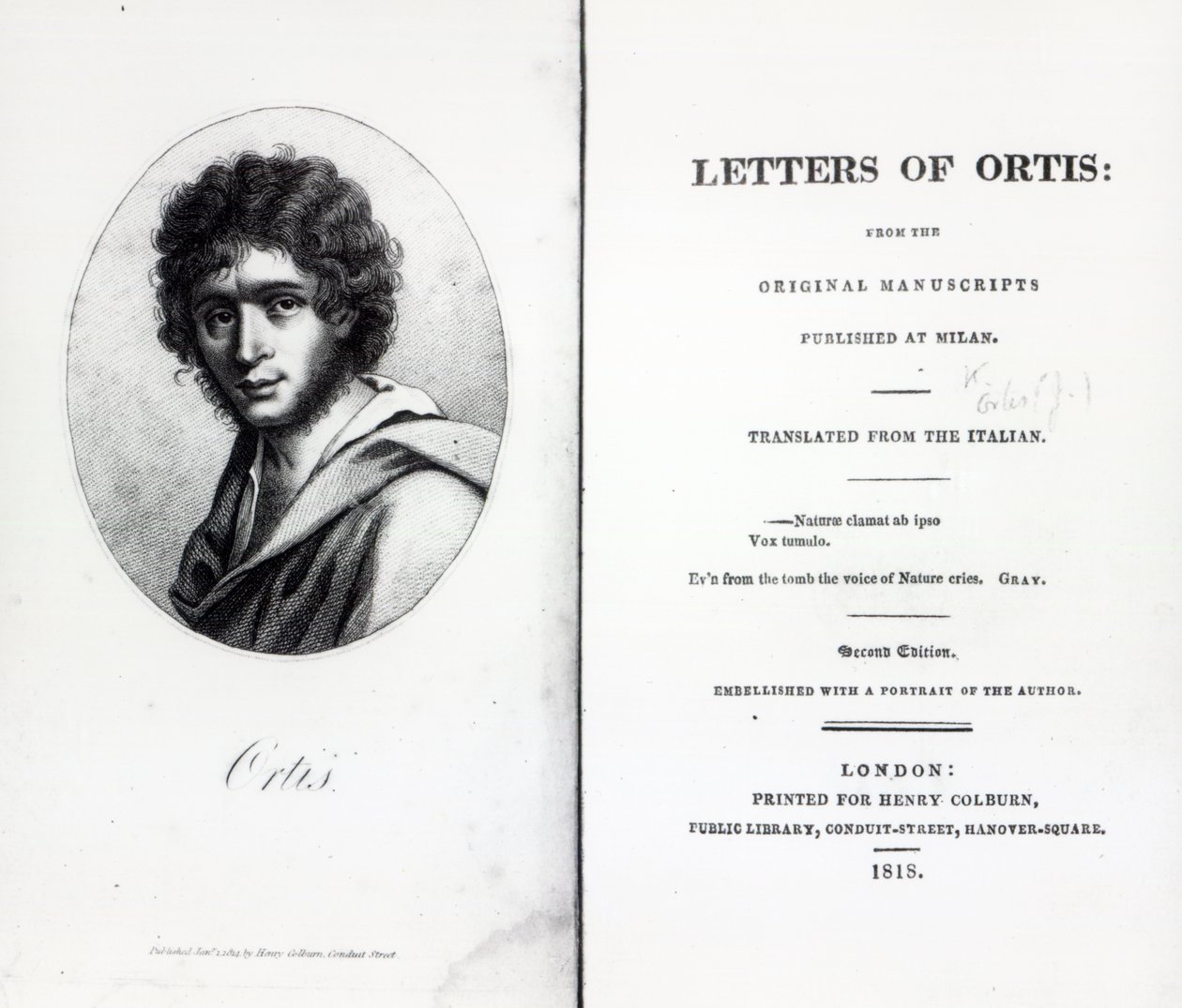 Frontispício de As Cartas de Ortis de Niccolo Ugo Foscolo, edição publicada em 1818 de English School