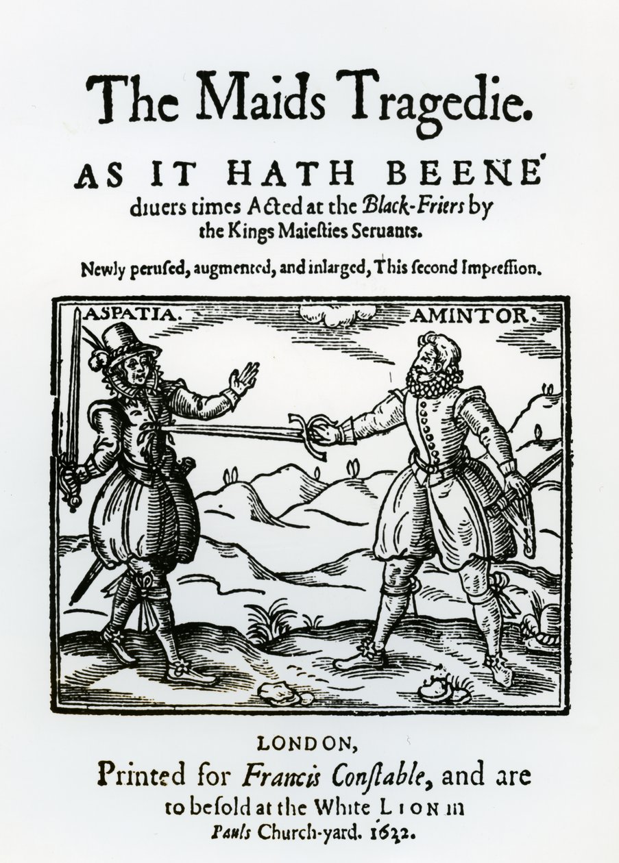 Frontispício de The Maids Tragedy por Sir Francis Beaumont (1584-1616) e John Fletcher (1579-1625) 1622 de English School