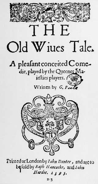 Frontispiece aos contos velhos das esposas por George Peele (1556-96) 1595 de English School