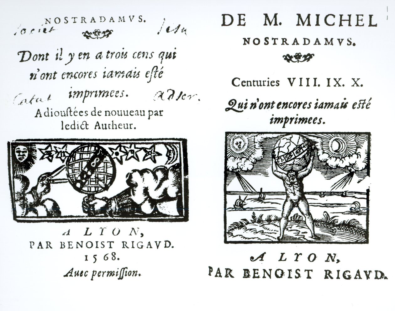 Frontispício das profecias de M. Michel Nostradamus, pub. por Benoist Rigaud, 1568 de English School