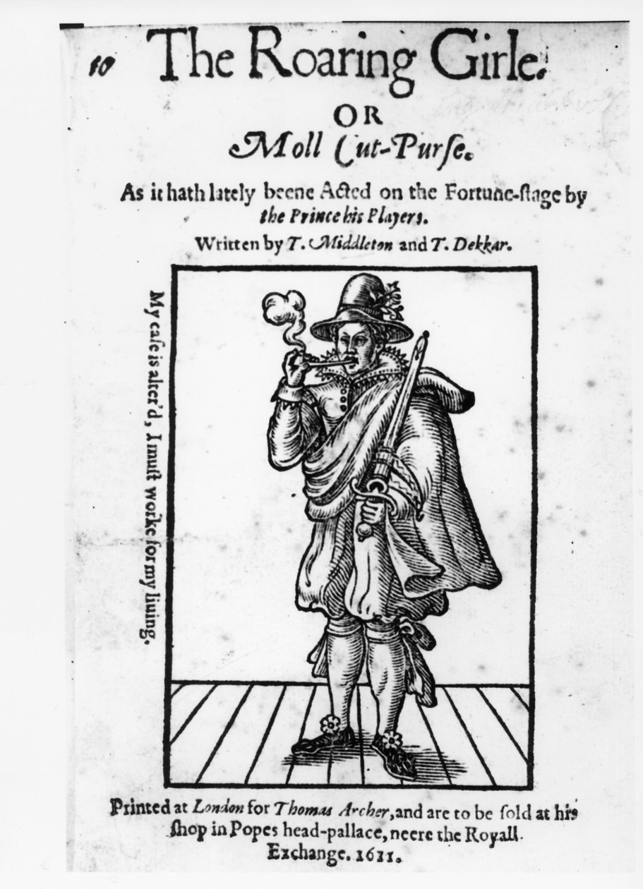 Frontispício de The Roaring Girle ou Moll Cut-Purse por Thomas Middleton (1580-1627) e Thomas Dekker (c.1570-1632) 1611 de English School