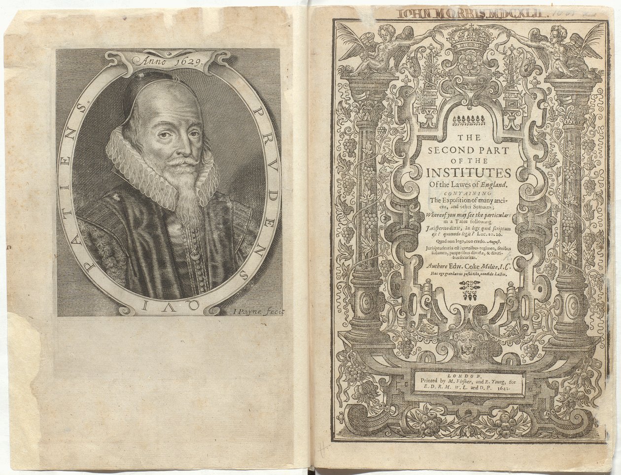 Frontispício para "A Segunda Parte dos Institutos dos Advogados de Inglaterra. Contendo a exposição de muitos estatutos antigos, e outros estatutos, etc.", por Sir Edward Coke de English School