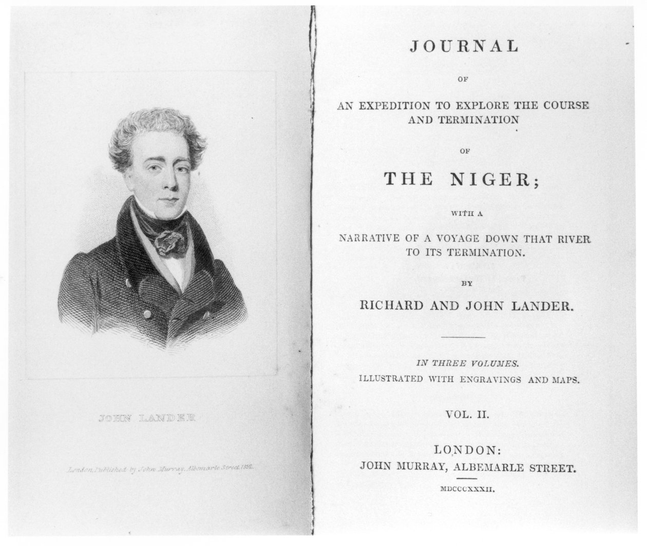Frontispício para o Volume 2 do Jornal de uma Expedição para Explorar o Curso e o Término do Níger por Richard e John Lander, publicado em 1832 de English School