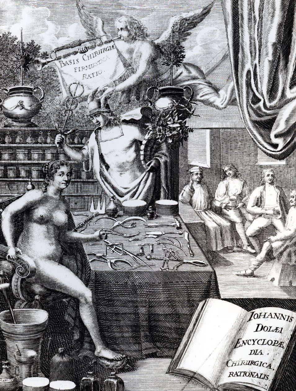 Frontispício de uma enciclopédia de pensamento cirúrgico por John Dolaeus de English School