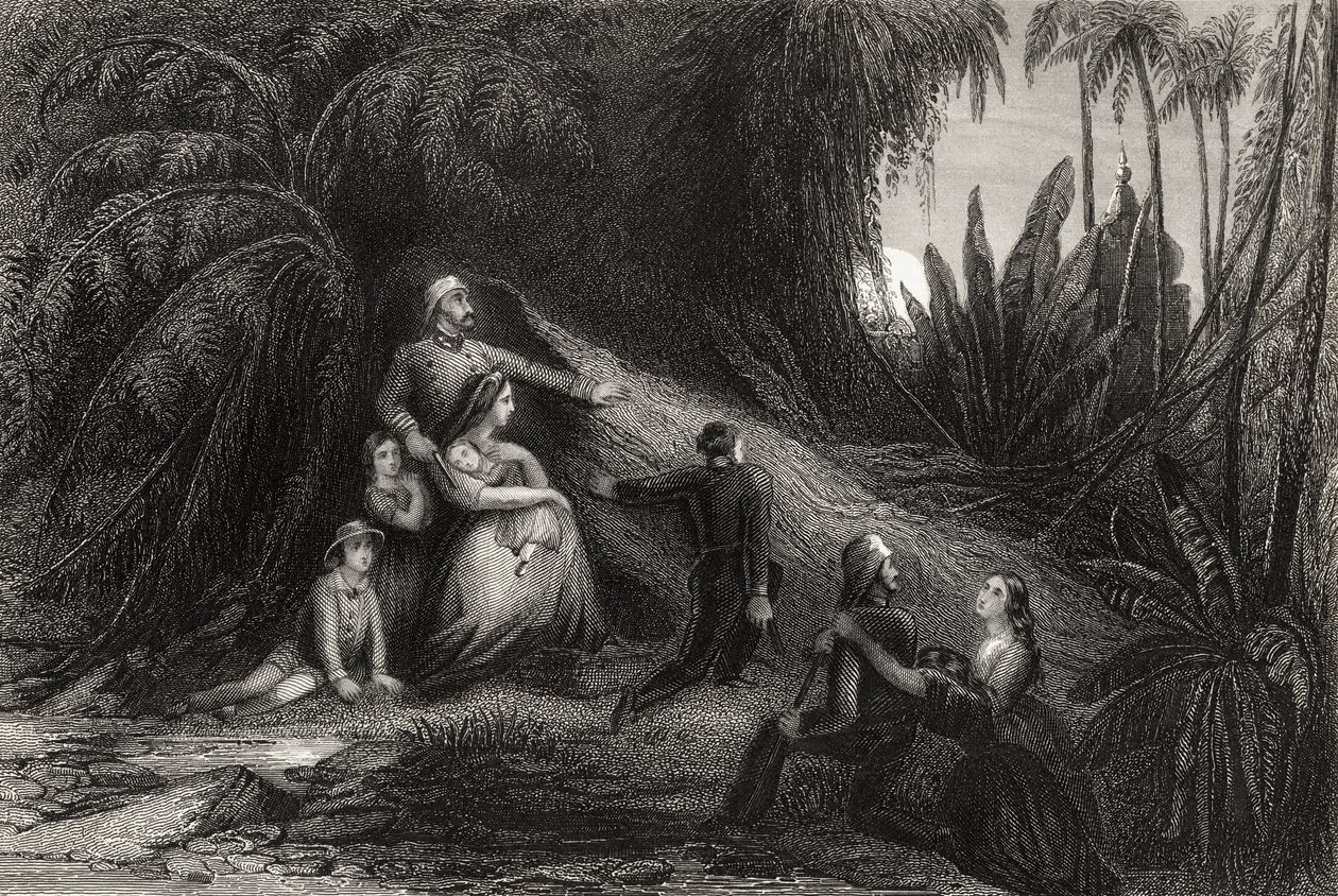 Oficiais fugitivos com suas famílias escondendo-se em púrpura, de "A História do Motim Indiano", publicado em 1858 de English School