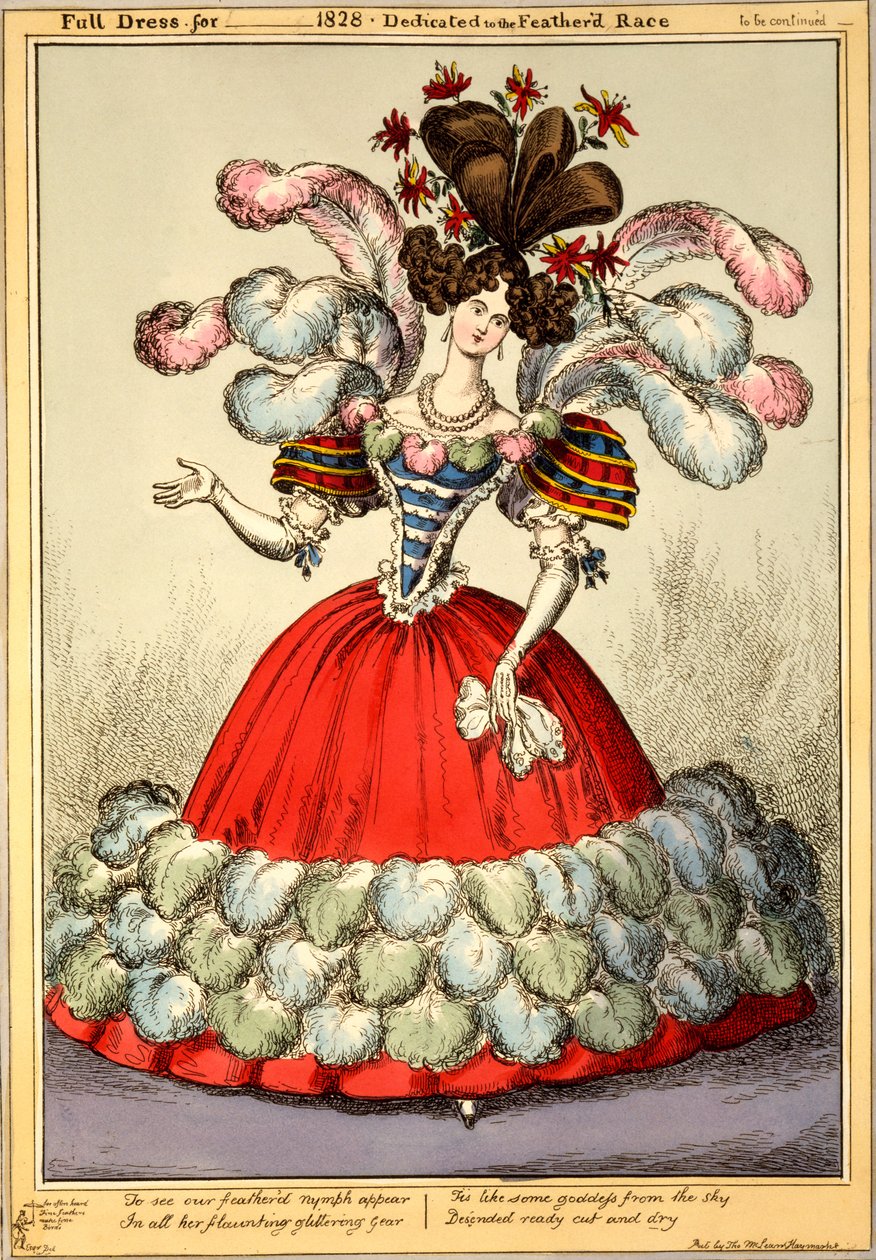 Vestido Completo para _ 1828 - Dedicado à Corrida de Penas, 1828 (gravura colorida à mão) de English School