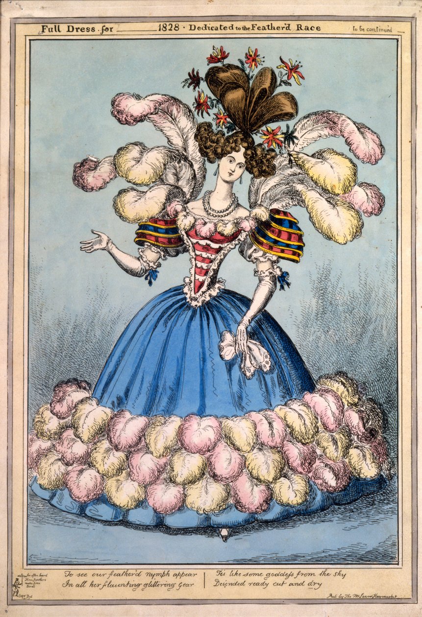 Vestido Completo para _ 1828 - Dedicado à Corrida de Penas, 1828 (gravura colorida à mão) de English School