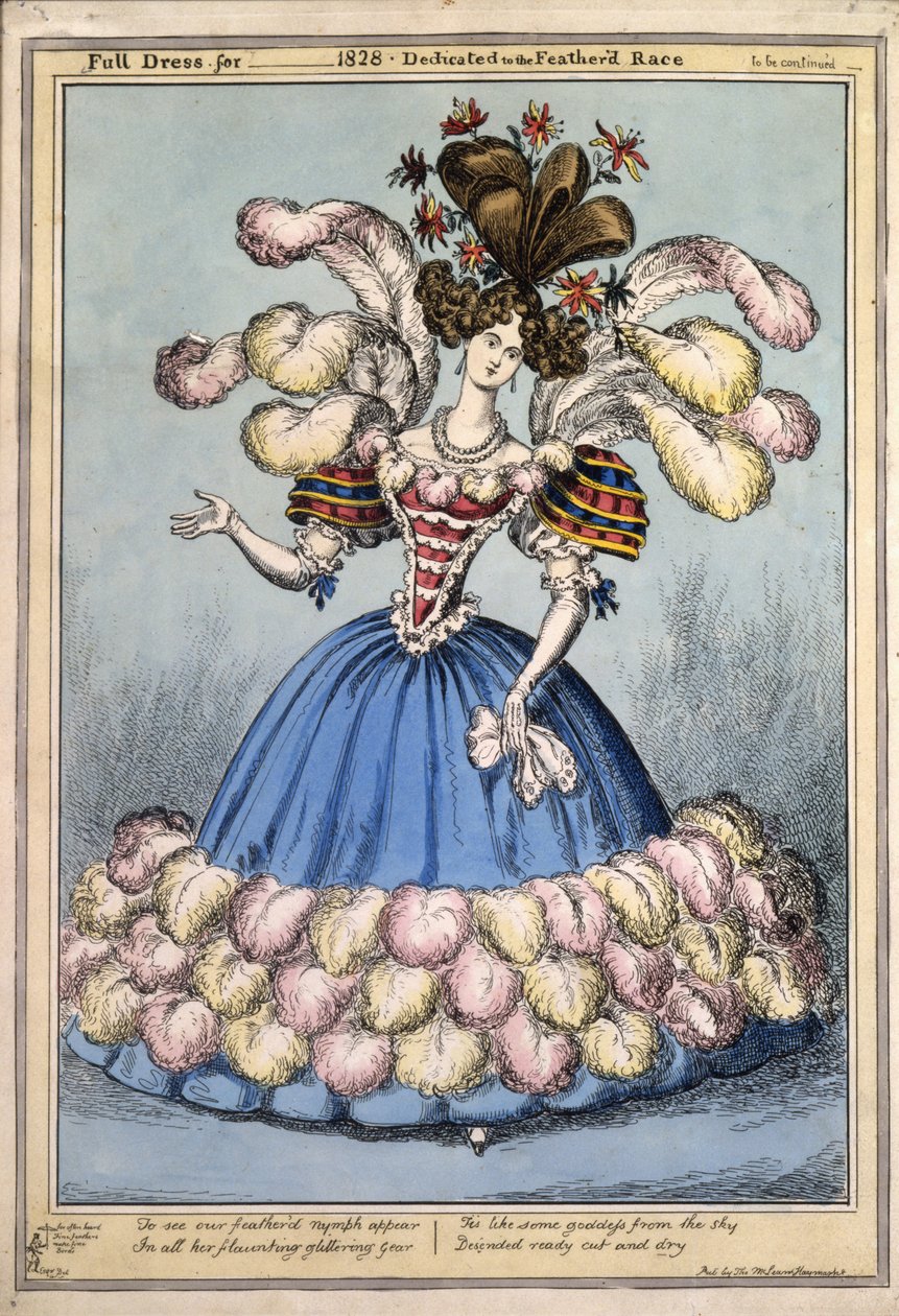 Vestido cheio para 1828. Dedicado à Corrida de Featherd, pub. Londres, 1828 (gravura colorida à mão) de English School
