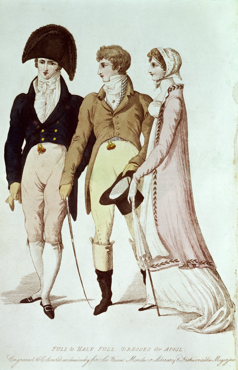 Vestidos cheios e meio cheio para abril, ilustração de &39;Le Beau Monde ou, revista literária e elegante&39;, 1809 de English School