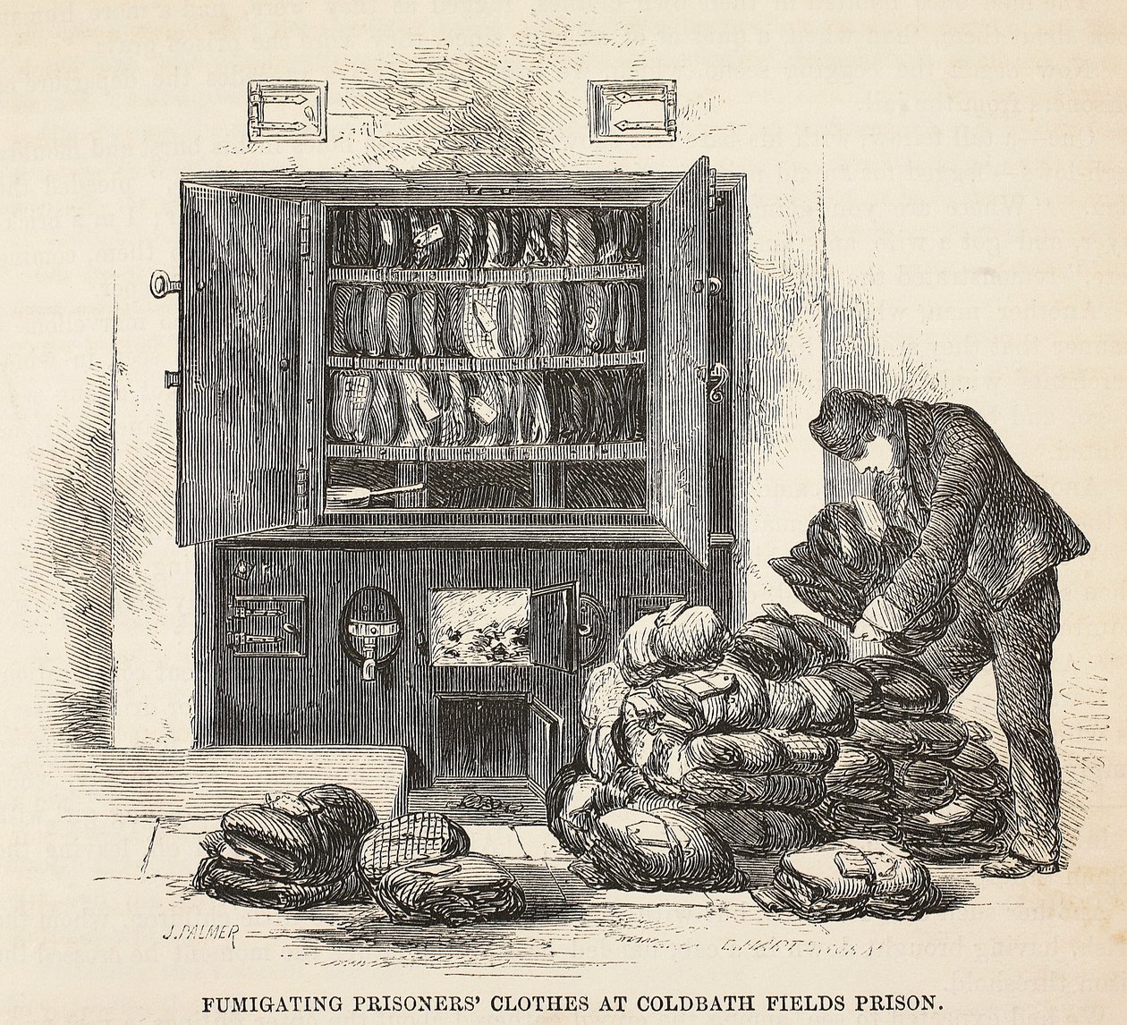 A roupa dos prisioneiros fumigando na prisão dos campos de Coldbath, ilustração das prisões criminosas de Londres e cenas da vida da prisão por Henry Mayhew e por John Binny, bar. 1862 de English School