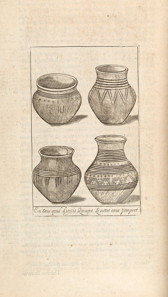 Urnas funerárias, ilustração de obras de Thomas Brown, Londres, 1686 de English School