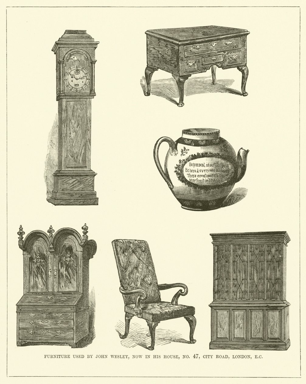 Mobiliário utilizado por John Wesley, atualmente em sua casa, n.o 47, City Road, Londres, CE (gravura) de English School