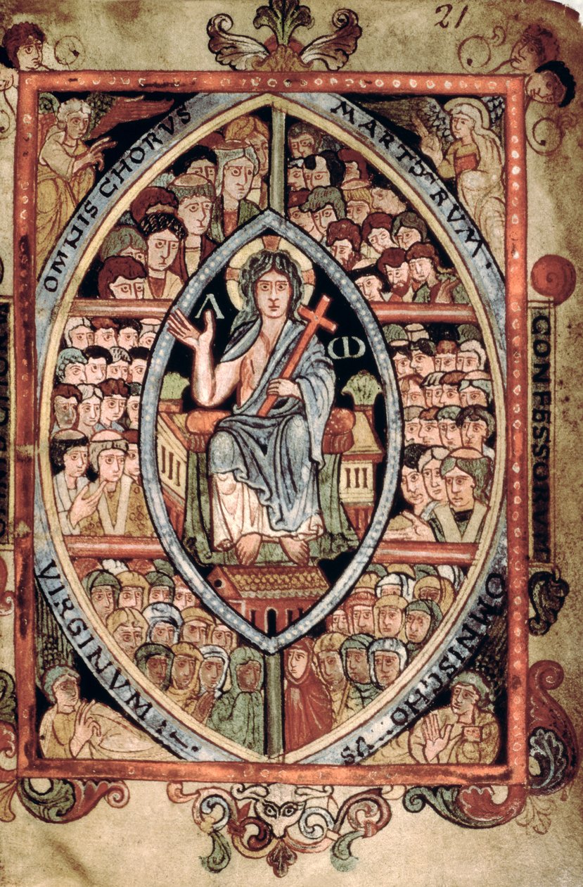 Galba A XVIII f.21r, Cristo em Majestade, do Athelstan Psalter, Old Minster, Winchester, 925-50 (vellum) de English School