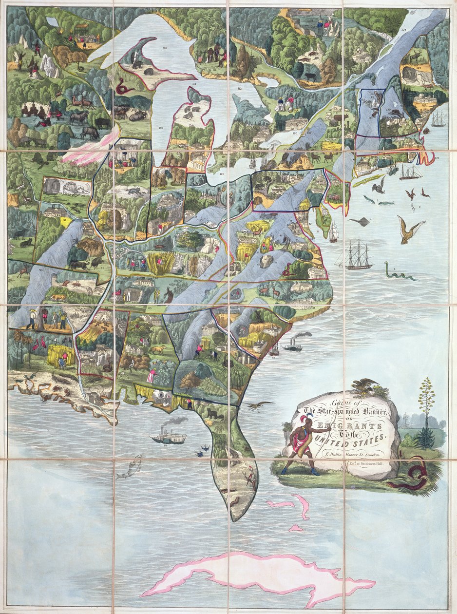 Jogo da Bandeira Star-Spangled ou Emigrantes para os Estados Unidos, jogo de tabuleiro c.1860 de English School