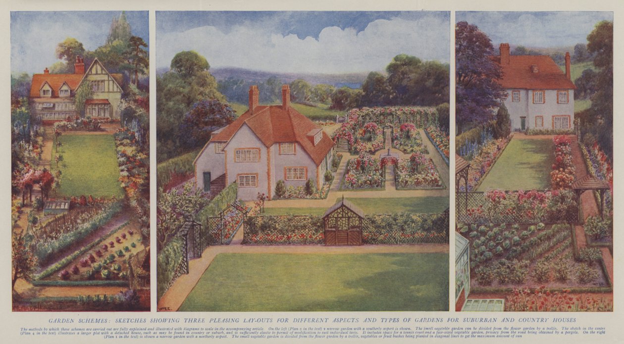 Esquemas de jardins, esboços que mostram três disposições agradáveis para diferentes aspectos e tipos de jardins para casas suburbanas e rurais (litografia a cores) de English School