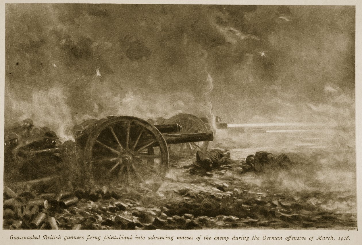 Gás mascarou atiradores britânicos disparando contra as massas do inimigo durante a ofensiva alemã de março de 1918, 1918-19 de English School
