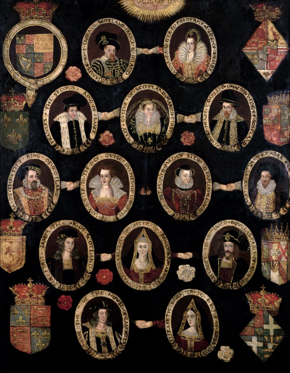 Carta genealógica traçando as raízes dos Tudors de Maria Stuart, Rainha dos Escoceses (1542-87) e seu filho James VI da Escócia e eu da Inglaterra (1566-1625) c.1603 de English School