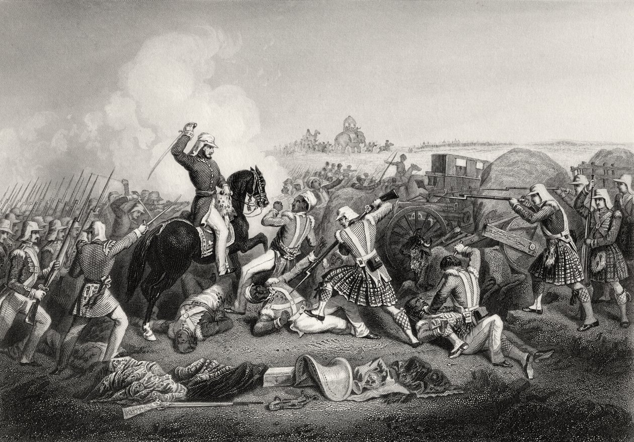 Ataque do General Havelock a Nana Sahib em Futtypore em 1857, de "A História do Motim Indiano", publicado em 1858 de English School