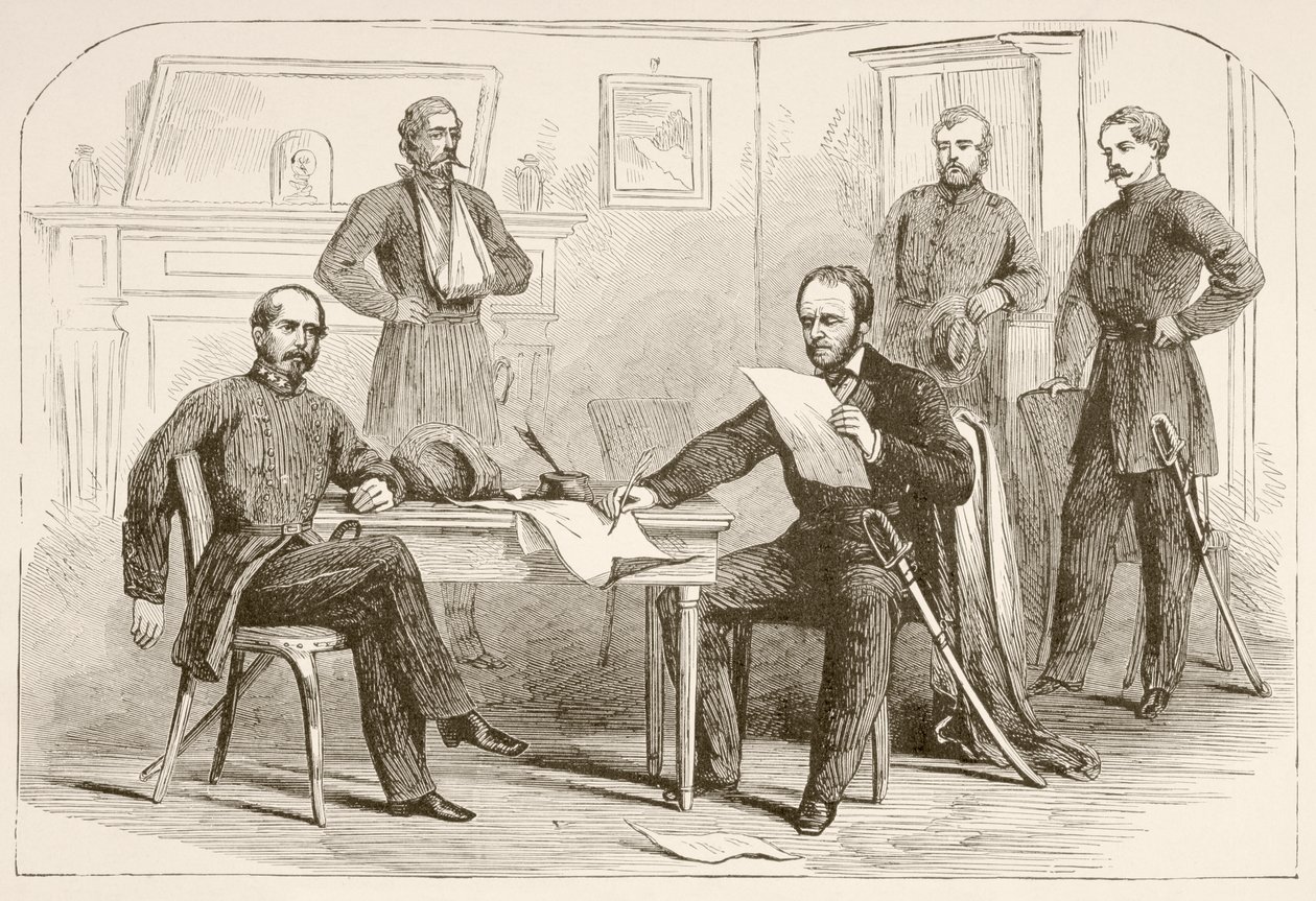 O General Joseph Eggleston Johnston rende o Exército do Tennessee ao General William Tecumseh Sherman (litografia) de English School