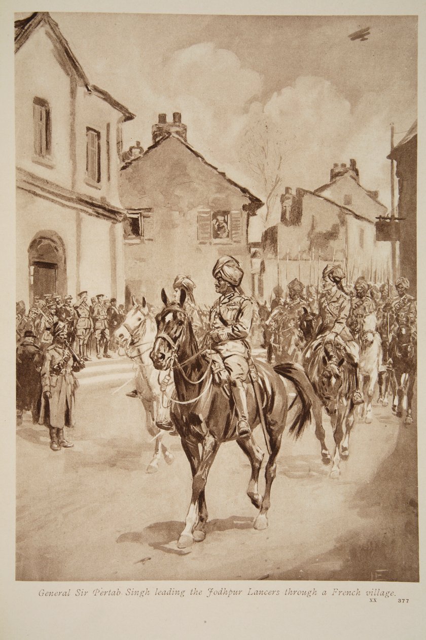 General Sir Pertab Singh liderando os Lancers de Jodhpur através de uma vila francesa, 1914-19 de English School