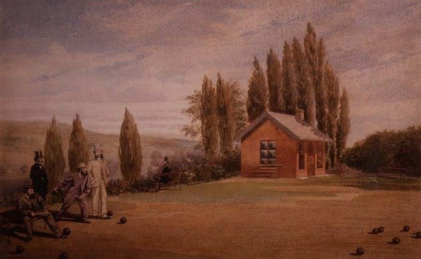 Gentlemen Playing Lawn Bowls, c.1880 (aguarela sobre papel) de English School