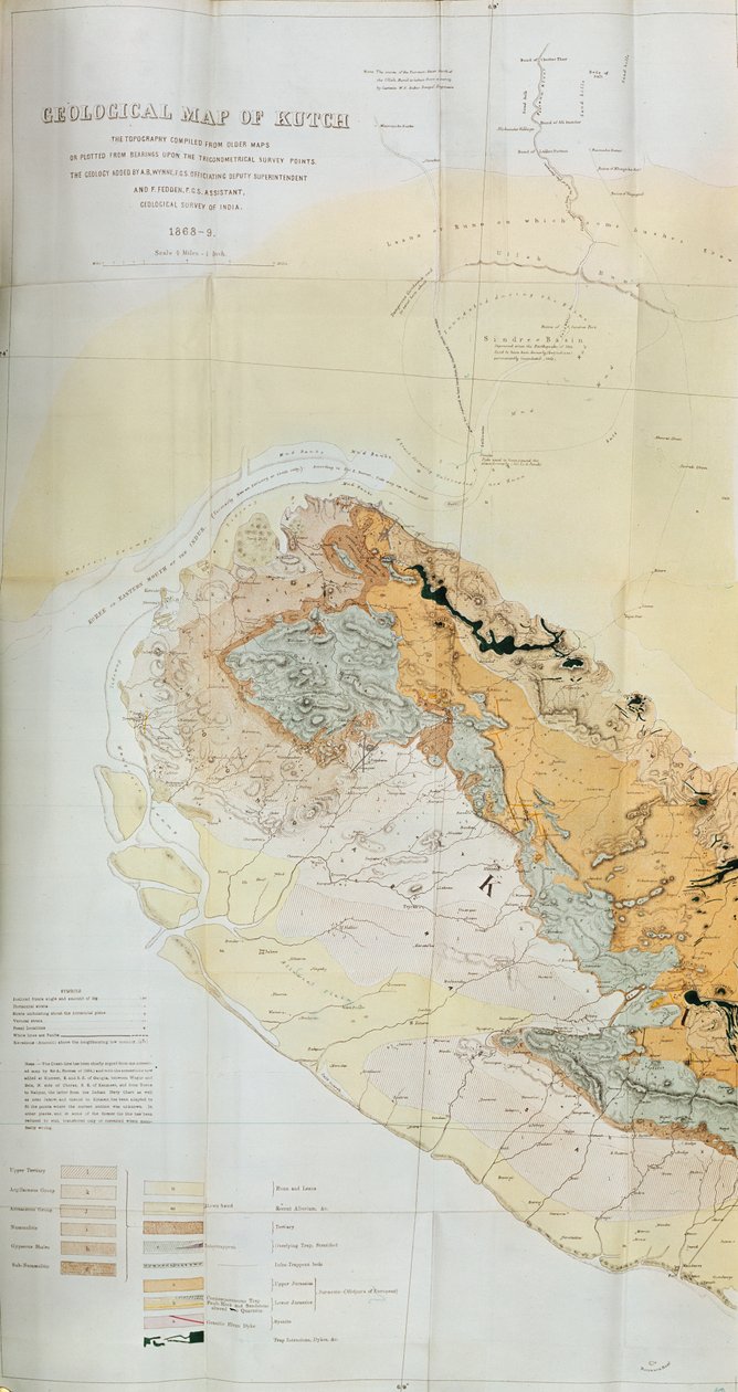 Mapa Geológico da região de Kutch da Índia, Pesquisa Geológica da Índia 1868-69 de English School