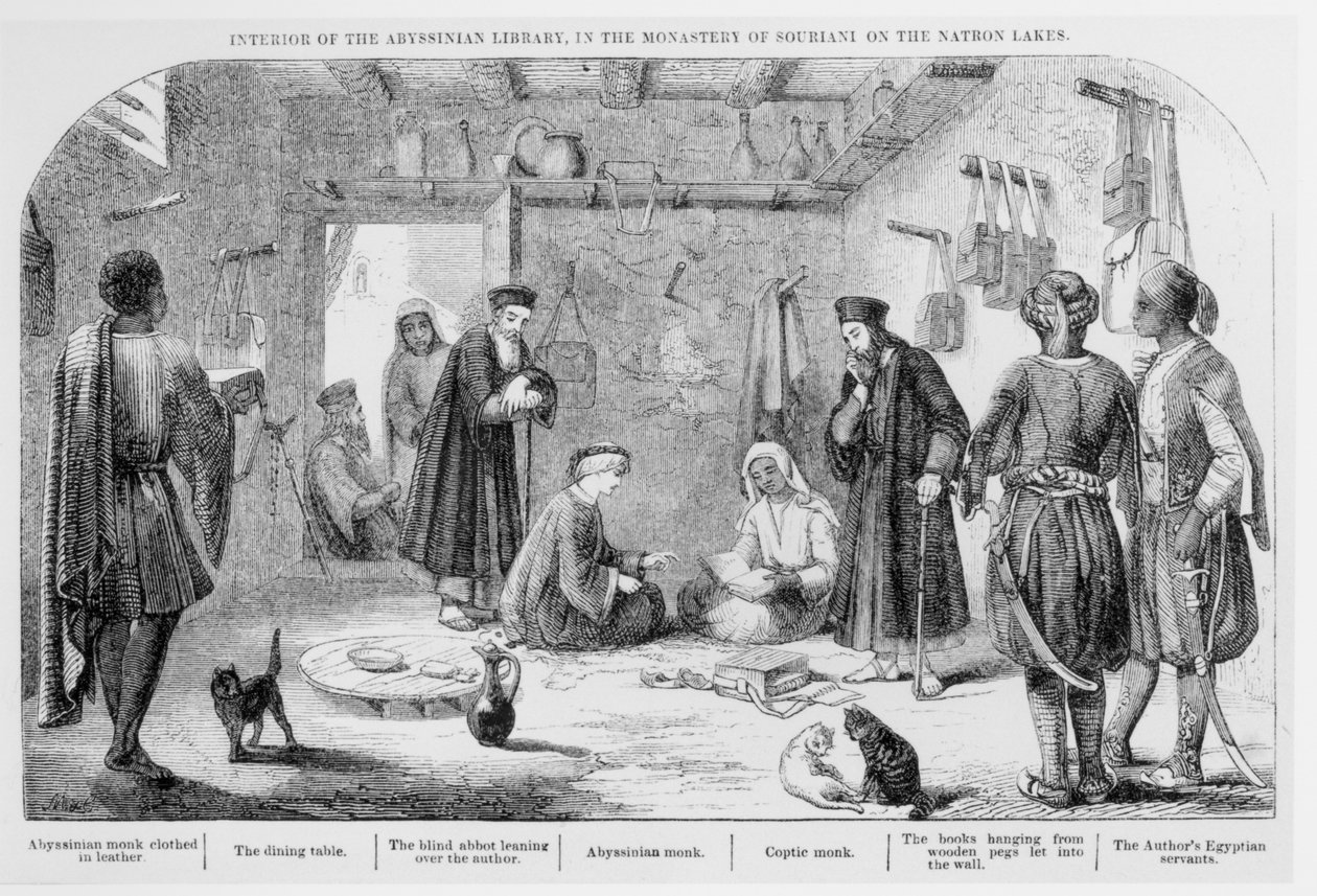 George Curzon (1859-1925) inspecionando livros na biblioteca Abyssinian no mosteiro de Souriani, de visitas a mosteiros no Levante, publicado em 1849 de English School