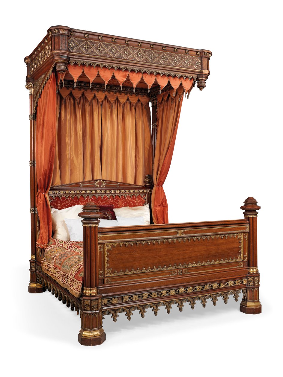 Cama de meio-testador George IV, c.1830 (carvalho e seda dourada) de English School