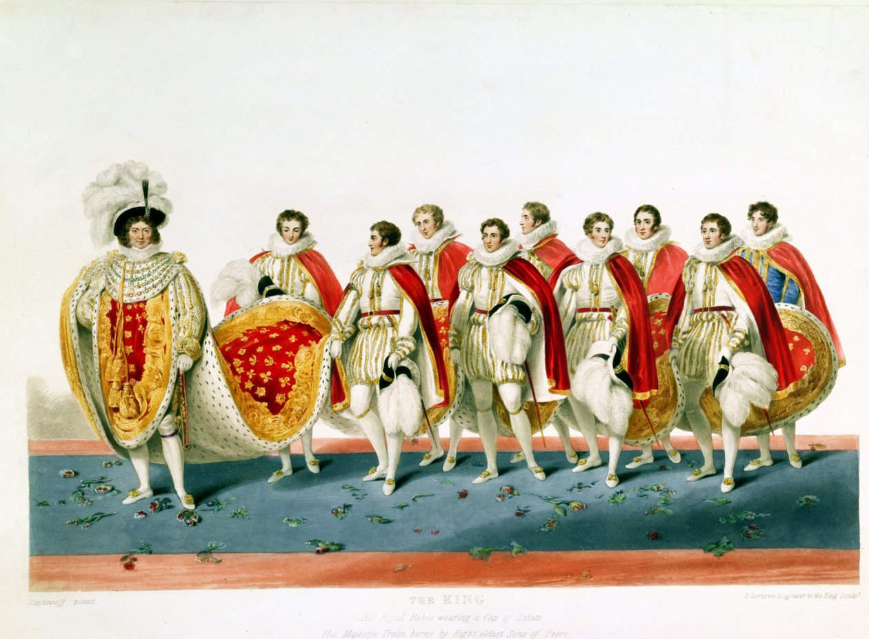 George IV em Coronation Robes Wearing a Cap of Estate, gravada por E. Scrivenor, a partir de uma placa de Sir George Naylor de English School