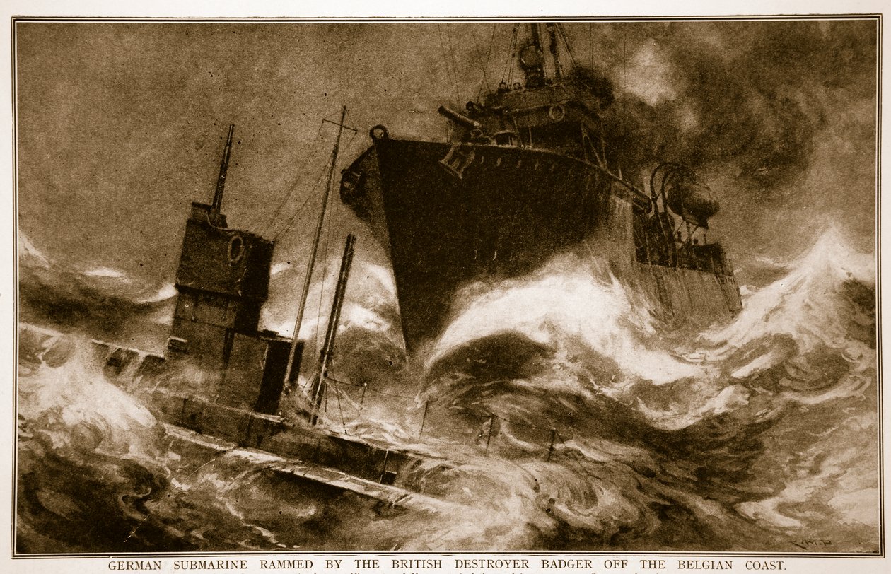 Submarino Alemão Abalado pelo Destruidor Britânico Badger ao largo da Costa Belga, 1914-19 de English School