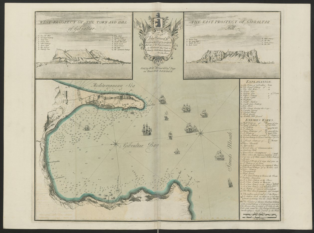 Baía de Gibraltar (Prospecto Oeste e Leste de G. Hill.) Por C. Price, c.1730 (lito colorido) de English School
