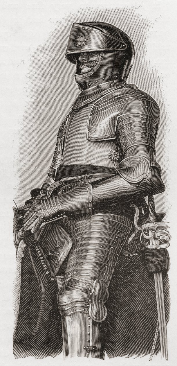 Armadura dourada dada a Charls I pela cidade de Londres, de "Uma Breve História do Povo Inglês" por JR Green, publicada em 1893 de English School