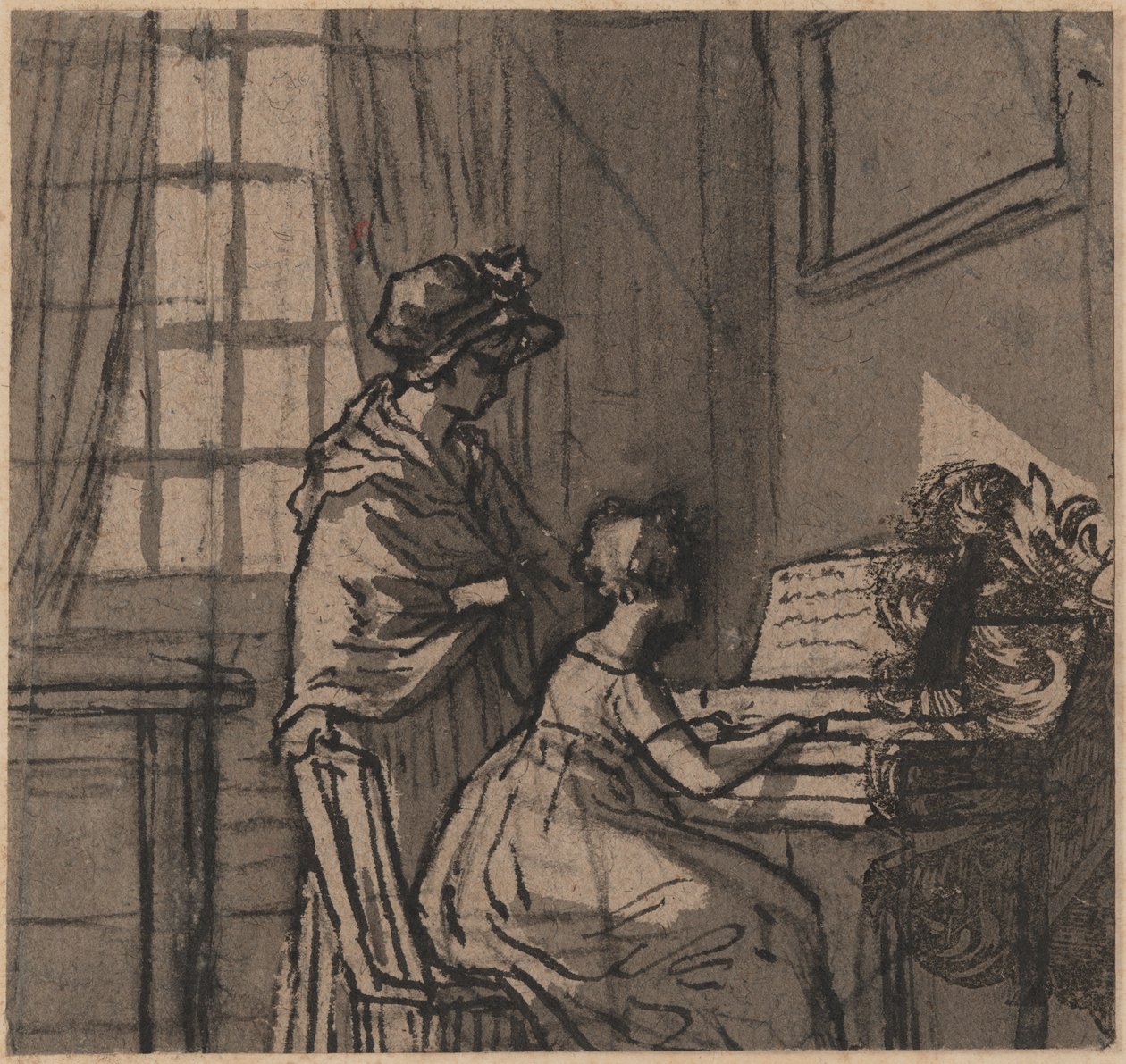Menina em um clavicórdio, c.1800 (caneta e lavar no papel) de English School