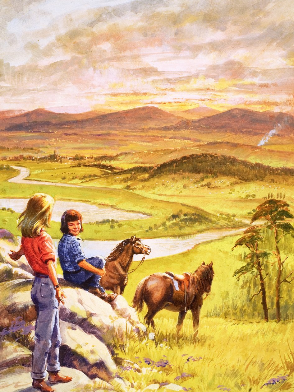 Raparigas e póneis a olhar para o campo (guache sobre papel) de English School