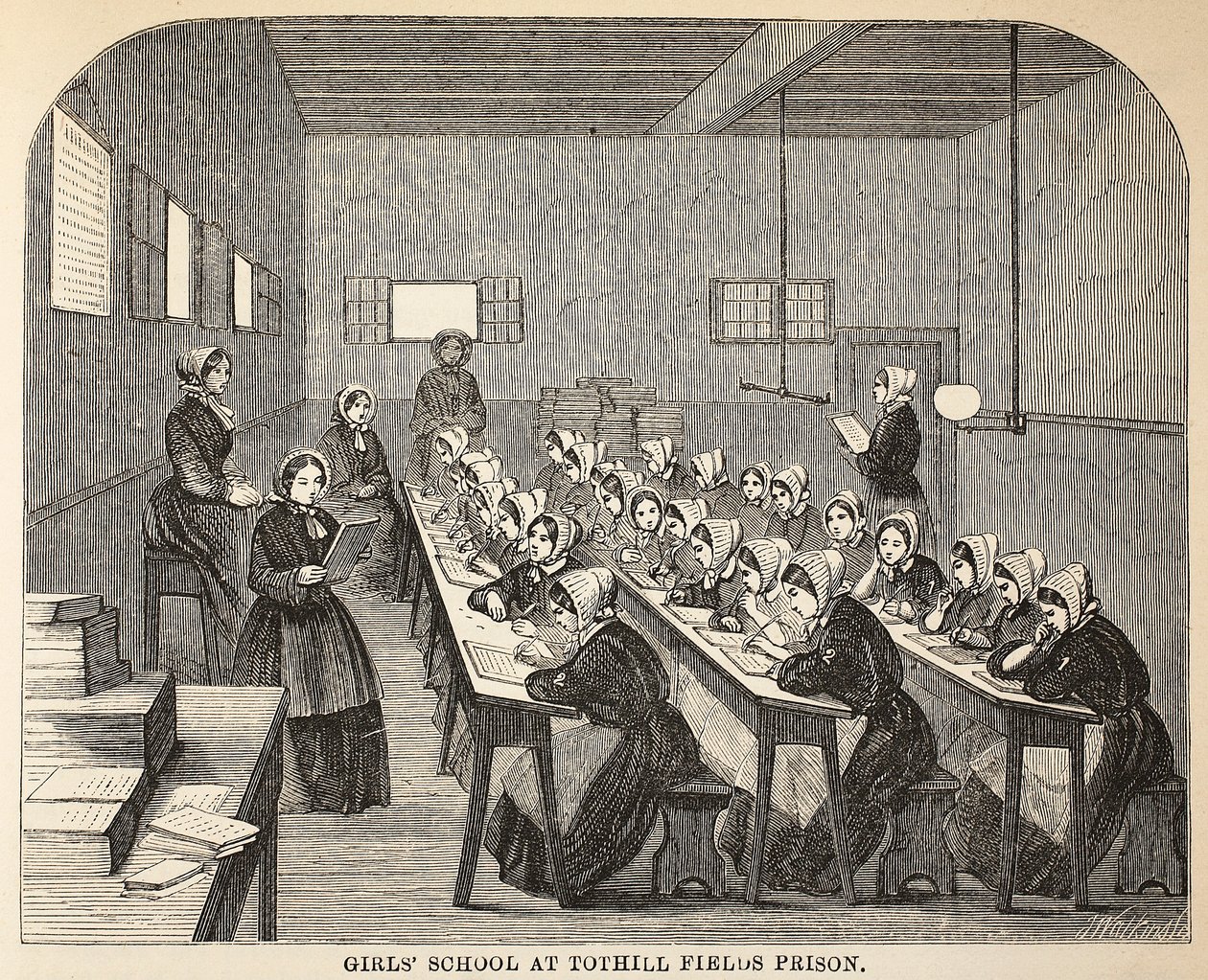 As meninas educam na prisão dos campos de Tothill, na ilustração das prisões criminosas de Londres e nas cenas da vida da prisão por Henry Mayhew e por John Binny, bar. 1862 de English School