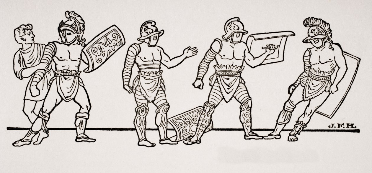 Gladiators, de uma pintura de parede em Pompeia, ilustração de The Outline of History por HG Wells, Volume I, publicado em 1820 de English School
