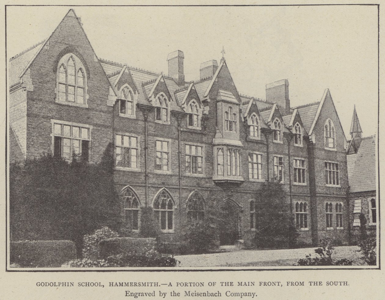 Godolphin School, Hammersmith, uma parte da fachada principal, a partir do sul (gravura) de English School